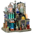 Resin lighted building for a Lemax display. Designed to look like a barn turned into a laboratory. There large and small vials of liquid. There's a brain on the roof and a skeleton standing in front of barrels of chemicals.