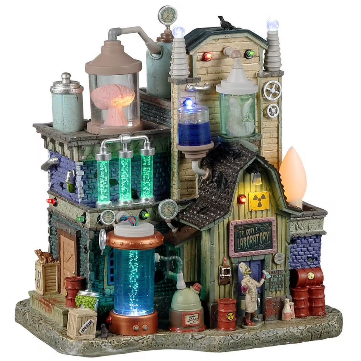 Resin lighted building for a Lemax display. Designed to look like a barn turned into a laboratory. There large and small vials of liquid. There's a brain on the roof and a skeleton standing in front of barrels of chemicals.