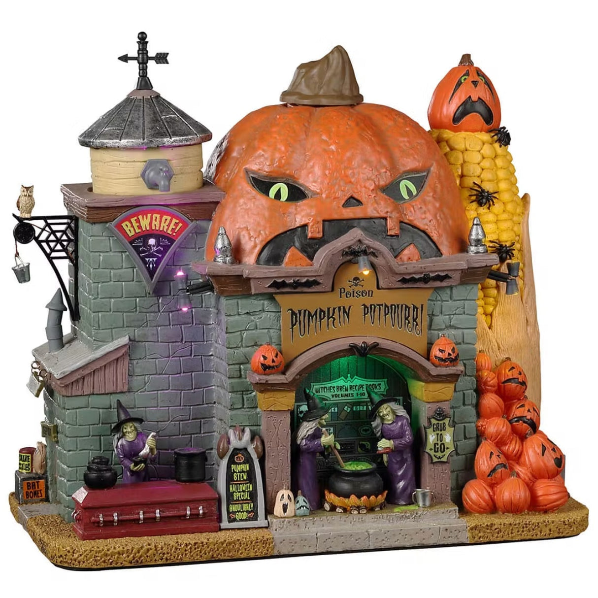 Resin lighted building for a Lemax display. Designed to look like a castle made out of a pumpkin and corn on the cob. There are witches stirring a cauldron and a stack of pumpkins in front.