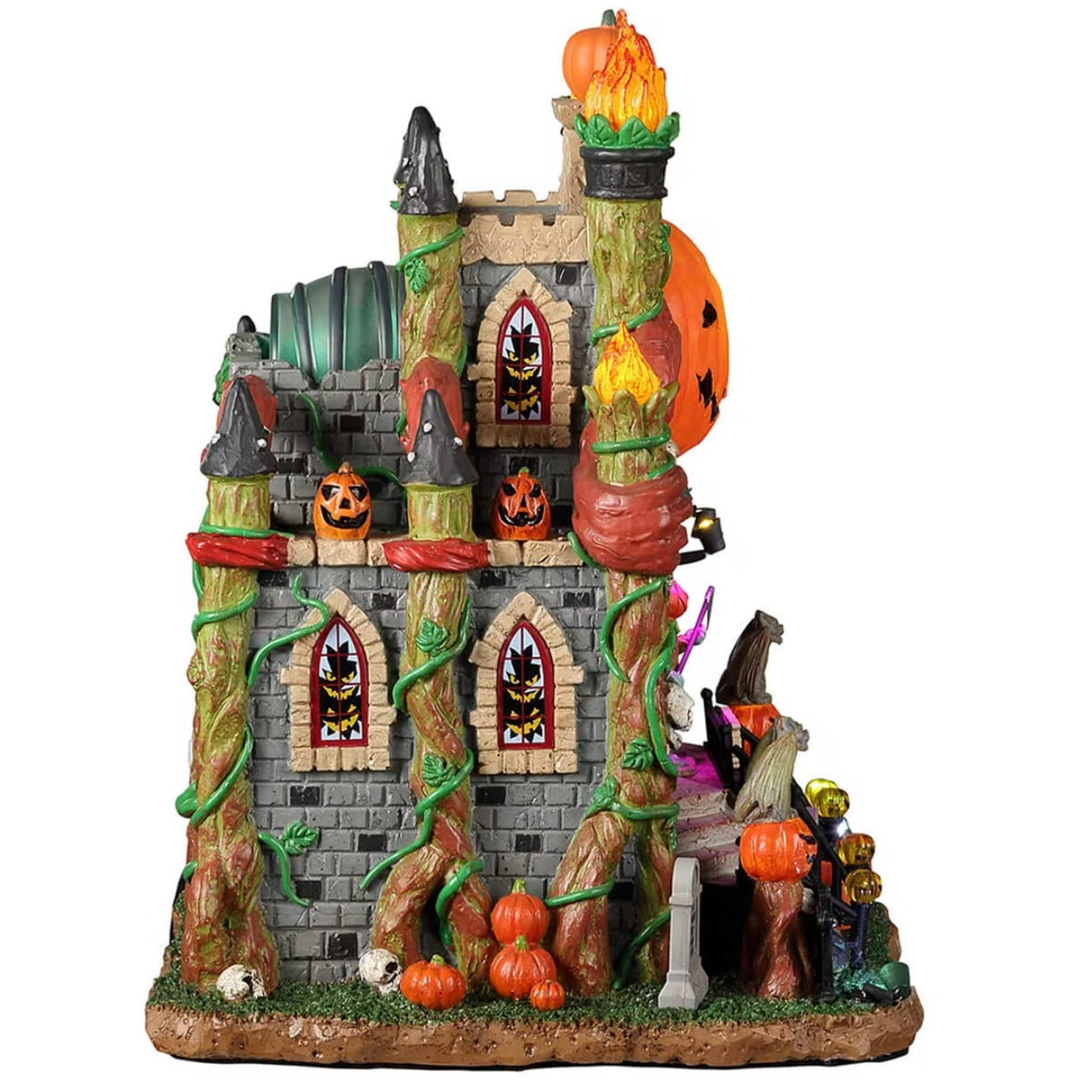 Resin building for a Lemax display. Designed to look like a crypt decorated with carved pumpkins, skulls, flames, vines, tombstones and broken windows.