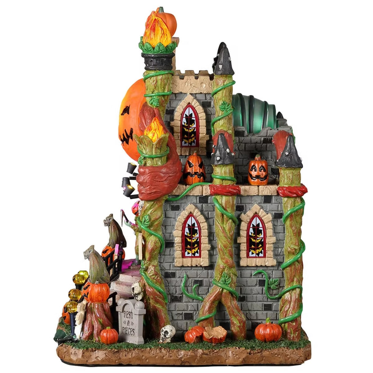 Resin building for a Lemax display. Designed to look like a crypt decorated with carved pumpkins, skulls, flames, vines, tombstones and broken windows.