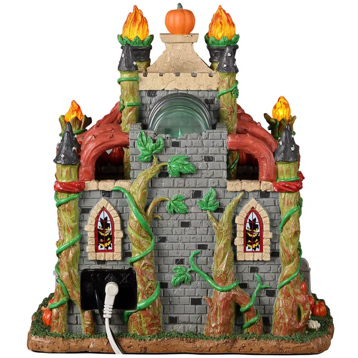 Resin building for a Lemax display. Designed to look like a crypt decorated with carved pumpkins, skulls, flames, vines, tombstones and broken windows.