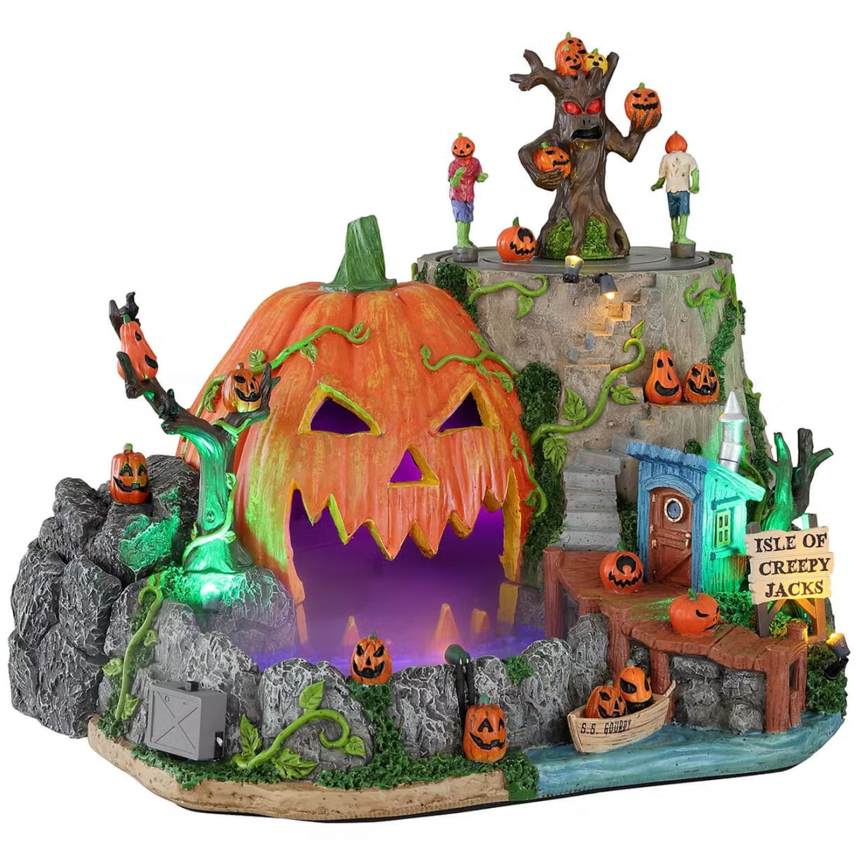 Polyresin village accessory for a Lemax Spooky Town display. Designed to look like an island with a dock and a boat. There's a cave that is shaped like a giant jack-o-lantern with purple fog inside. There are pumpkin accents everywhere. There's a spooky tree at the top of the staircase with a few people with pumpkins for heads. There's a sign on the dock that reads "ISLE OF CREEPY JACKS."