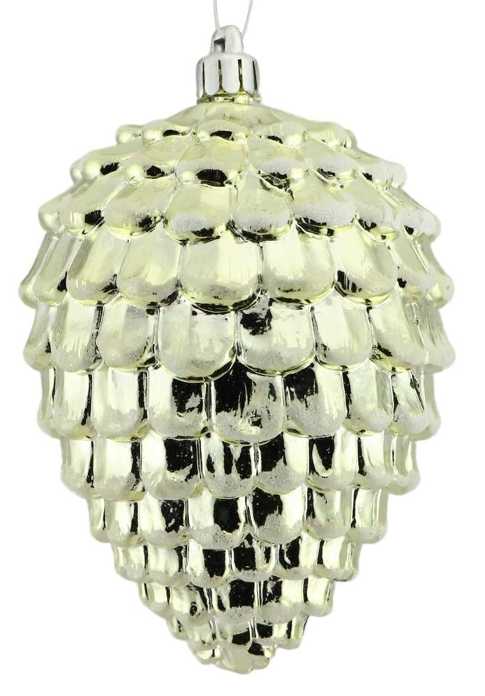 Shiny, gold ornament shaped like a pine cone.
