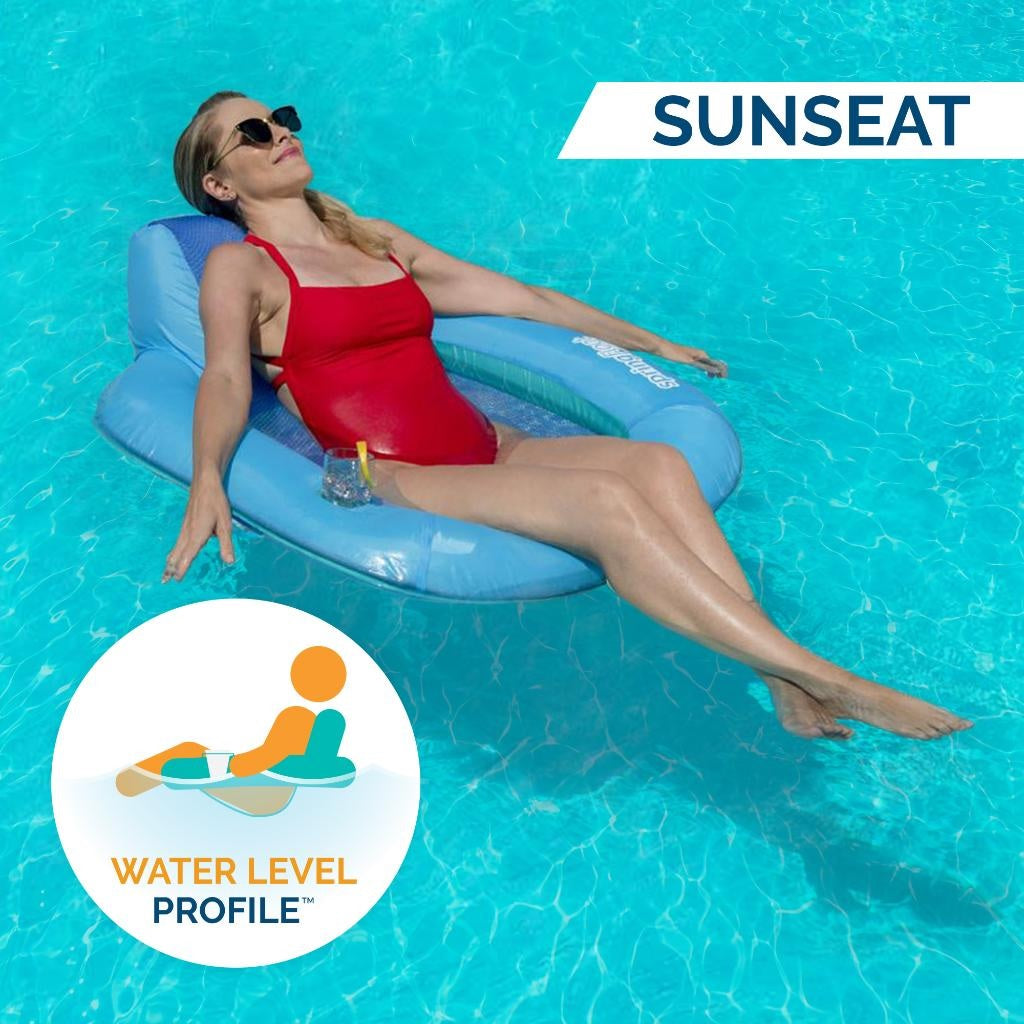 Inflatable pool chair covered in fabric and featuring cooling mesh. It also has a backrest and a cupholder.