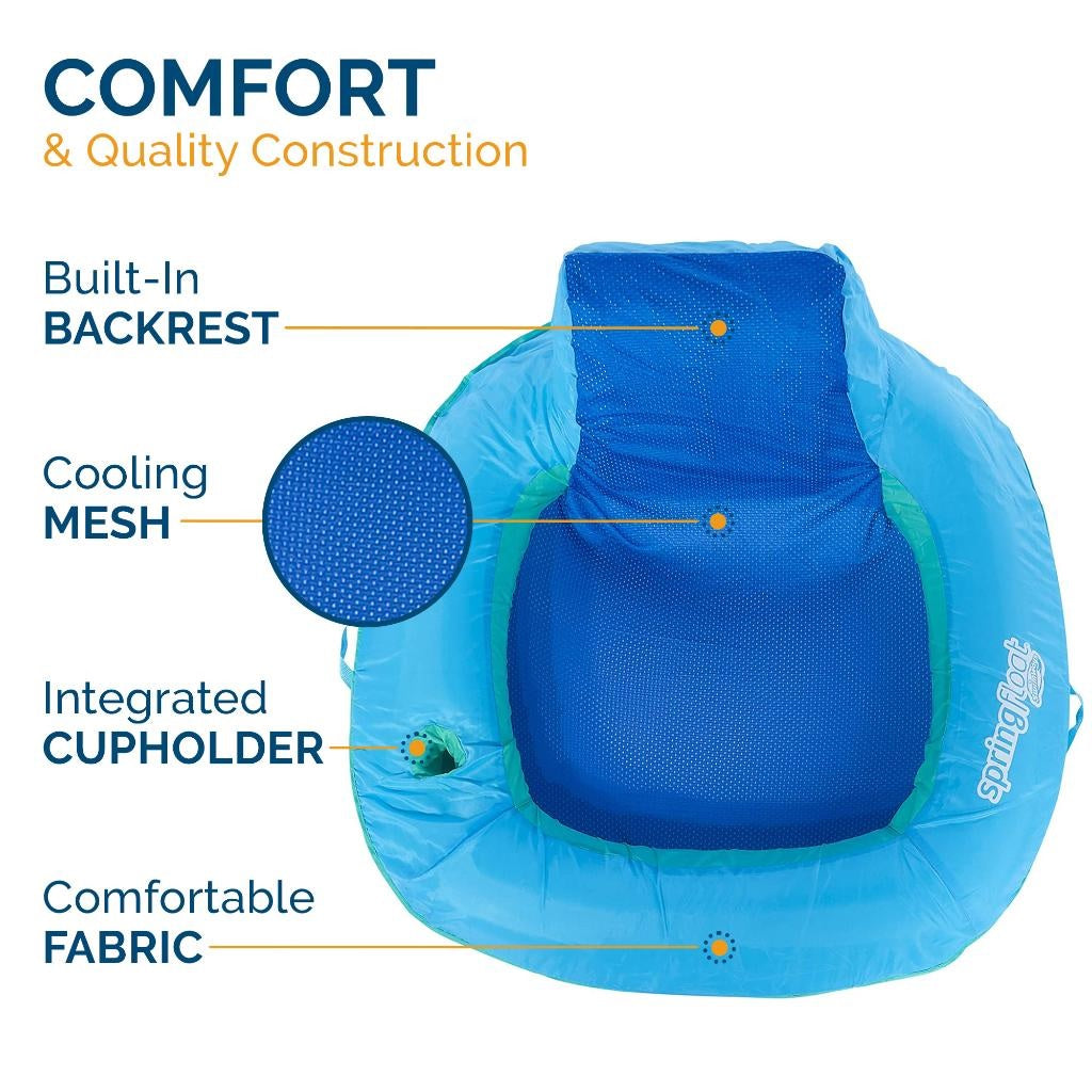 Inflatable pool chair covered in fabric and featuring cooling mesh. It also has a backrest and a cupholder.