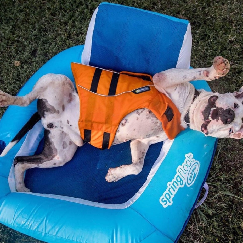 Inflatable pool chair covered in fabric and featuring cooling mesh. It also has a backrest and a cupholder.
