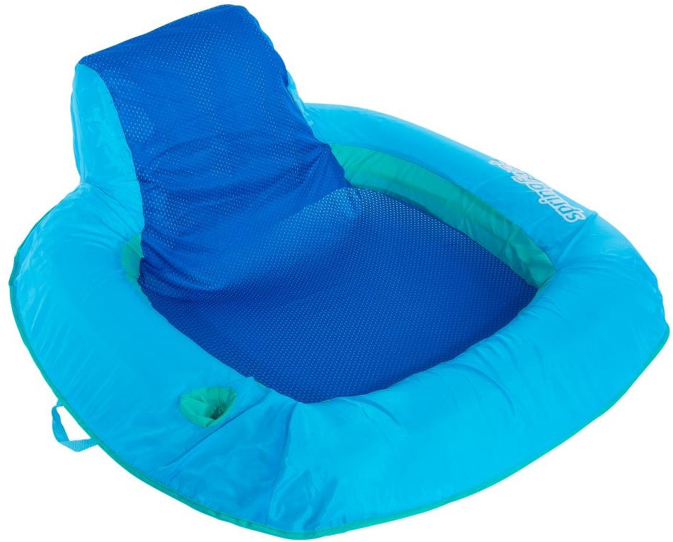 Inflatable pool chair covered in fabric and featuring cooling mesh. It also has a backrest and a cupholder.