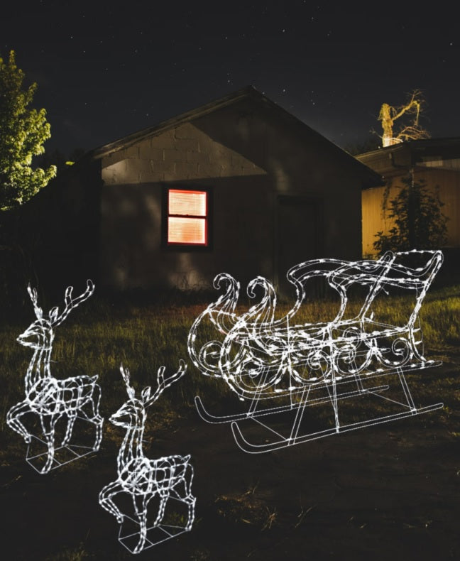 3-Piece Pure White Twinkling LED Elegant Bucks and Sleigh Wire Sculptures