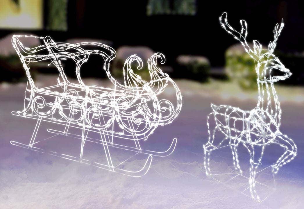 2-Piece Pure White Twinkling LED Sleigh and Elegant Buck Wire Sculpture Set
