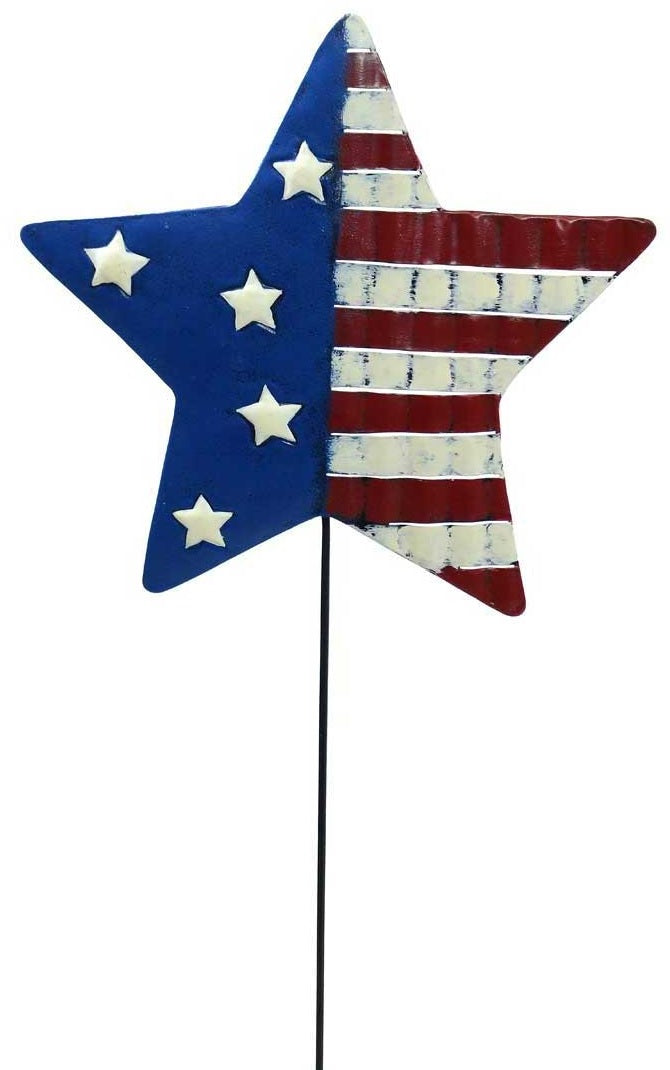 Lawn stake shaped like a star. The left side of the star is blue with white stars. The right side of the star is red and white striped.