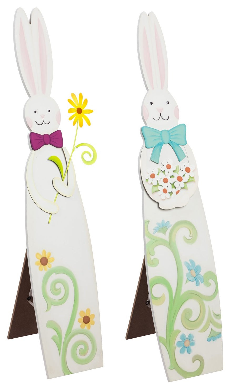 A porch decoration shaped like a tall bunny. One bunny is wearing a pink bow and holding a yellow flower and features two yellow flowers at the base. One bunny is wearing a teal bow and holding a bunch of white flowers and features four blue flowers at the base