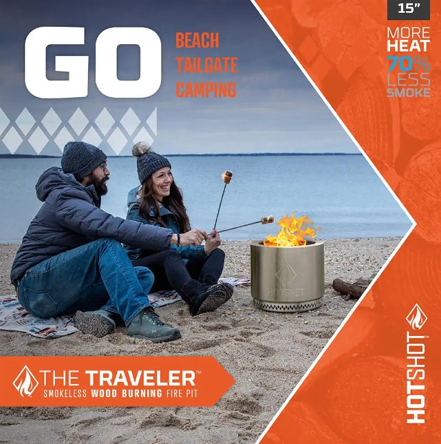 HotShot Traveler Portable Low Smoke 15" Round Wood-Burning Fire Pit with Carry Bag