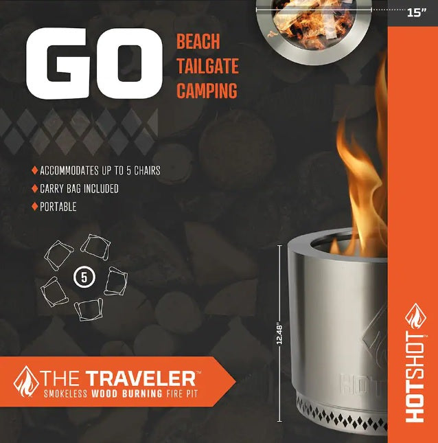 HotShot Traveler Portable Low Smoke 15" Round Wood-Burning Fire Pit with Carry Bag