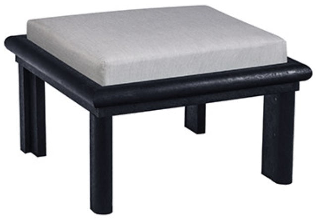 A black resin ottoman with a gray cushion