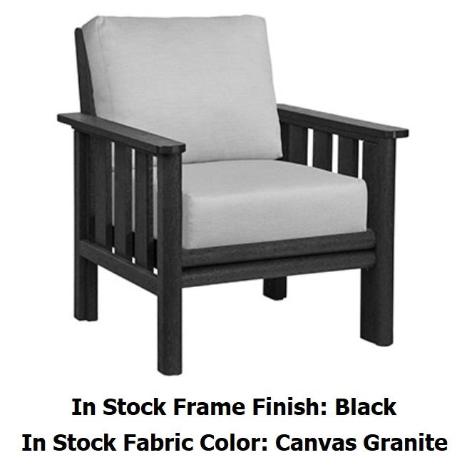 A black frame chair with a canvas granite colored cushion