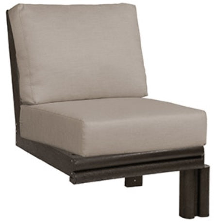 A brown frame expansion chair with tan cushions