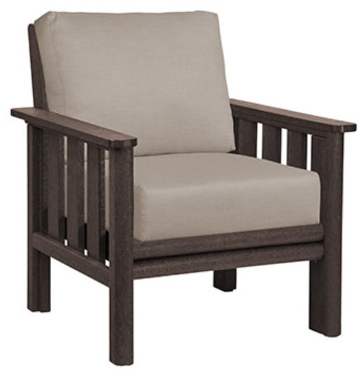 A brown armchair with tan cushions