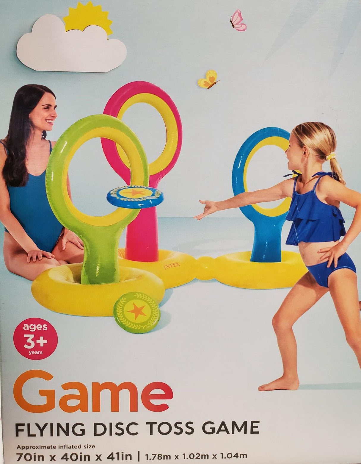 Three circular floating inflatable goals. The game is to throw the inflatable discs through the goals.