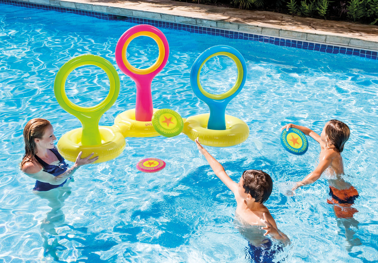 Three circular floating inflatable goals. The game is to throw the inflatable discs through the goals.