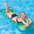 Inflatable pool mattress with a built-in contoured pillow. There are two color options: teal or pink.