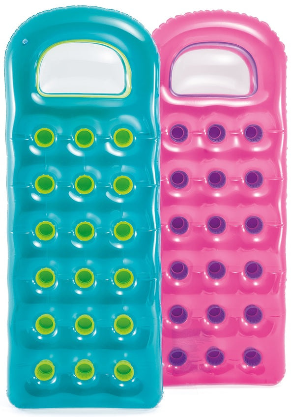 Inflatable pool mattress with a built-in contoured pillow. There are two color options: teal or pink.