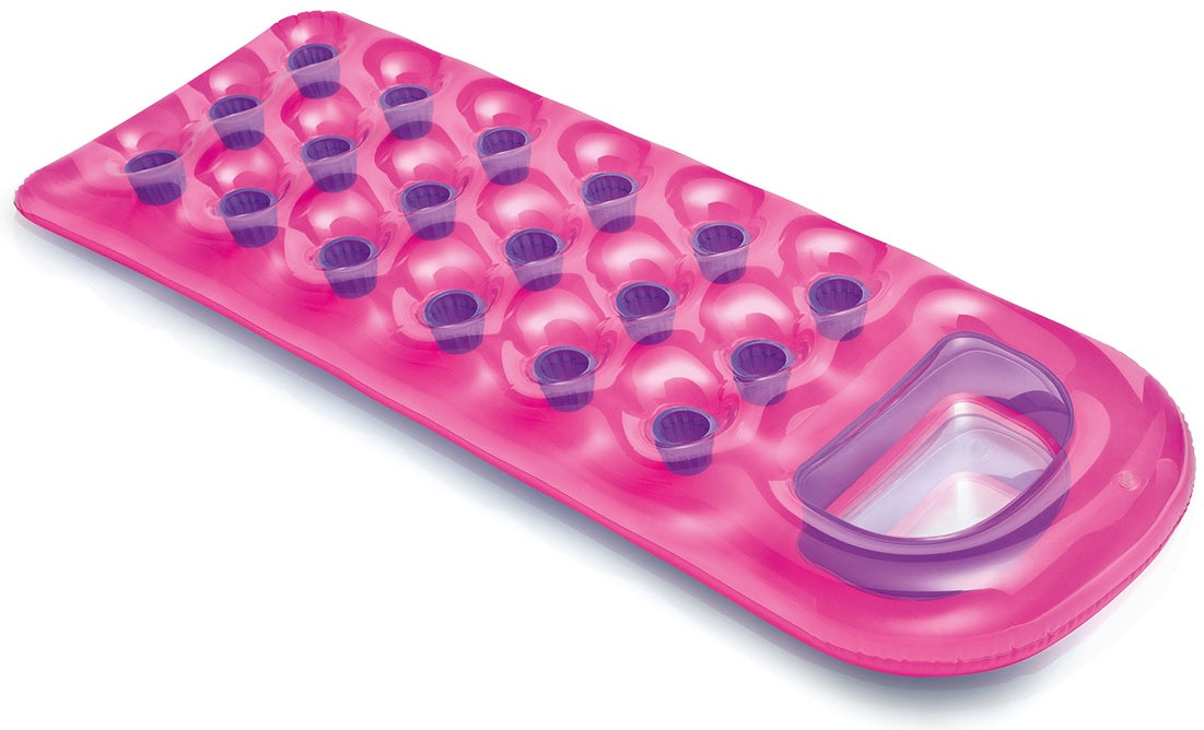 Inflatable pool mattress with a built-in contoured pillow. There are two color options: teal or pink.