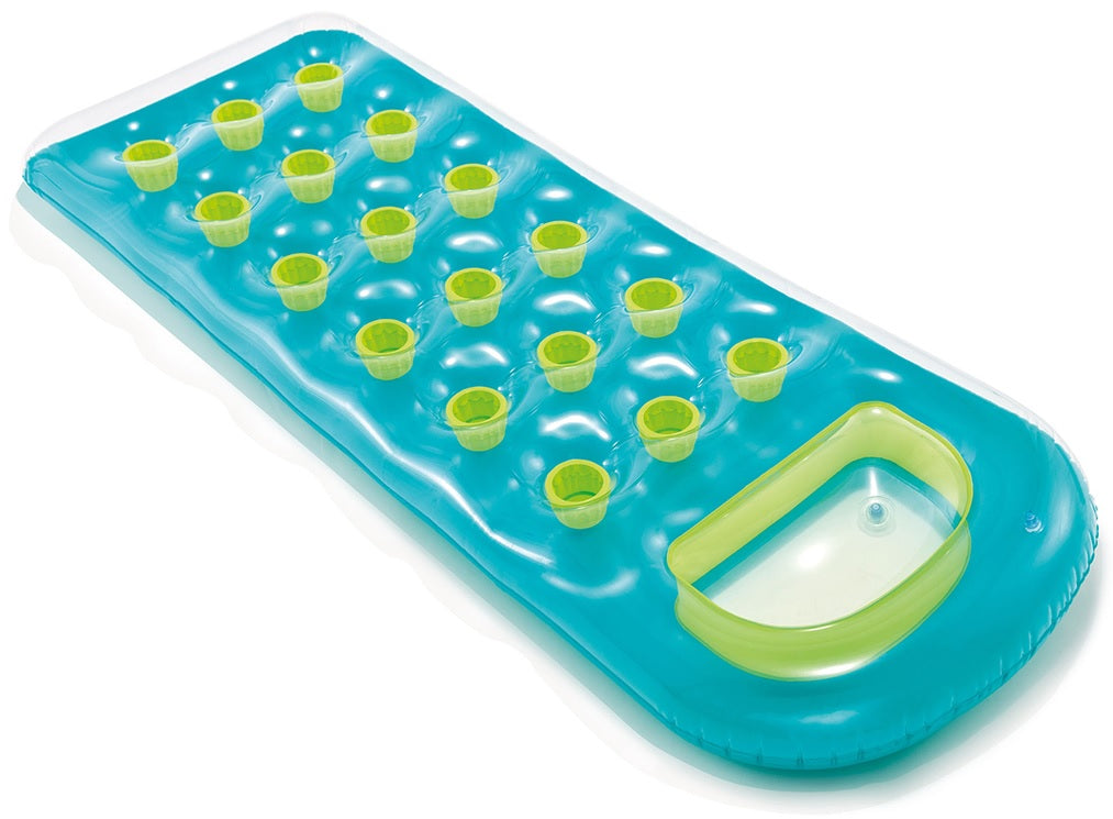 Inflatable pool mattress with a built-in contoured pillow. There are two color options: teal or pink.