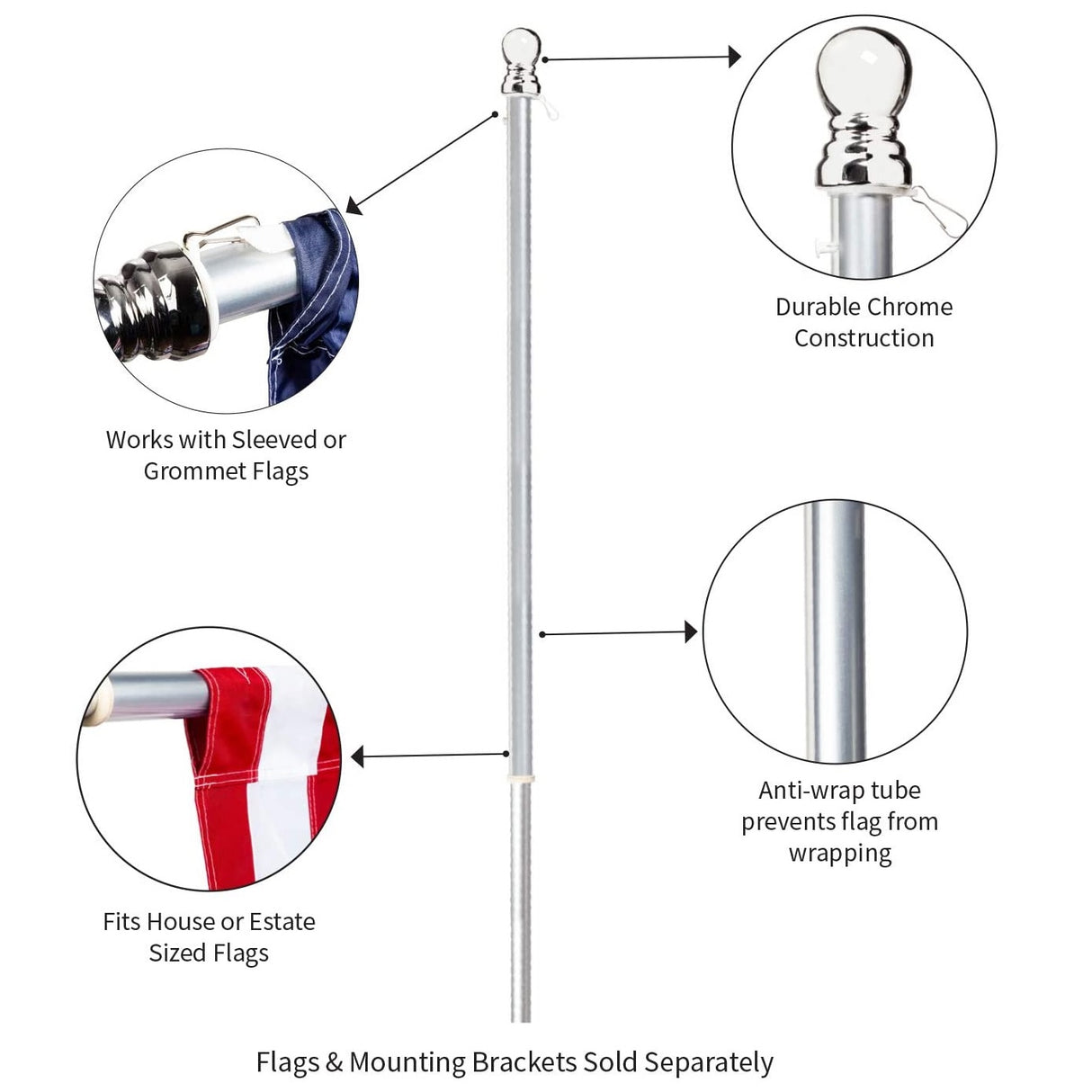 Chrome Finish House Flag Pole with Anti-Wrap Tube