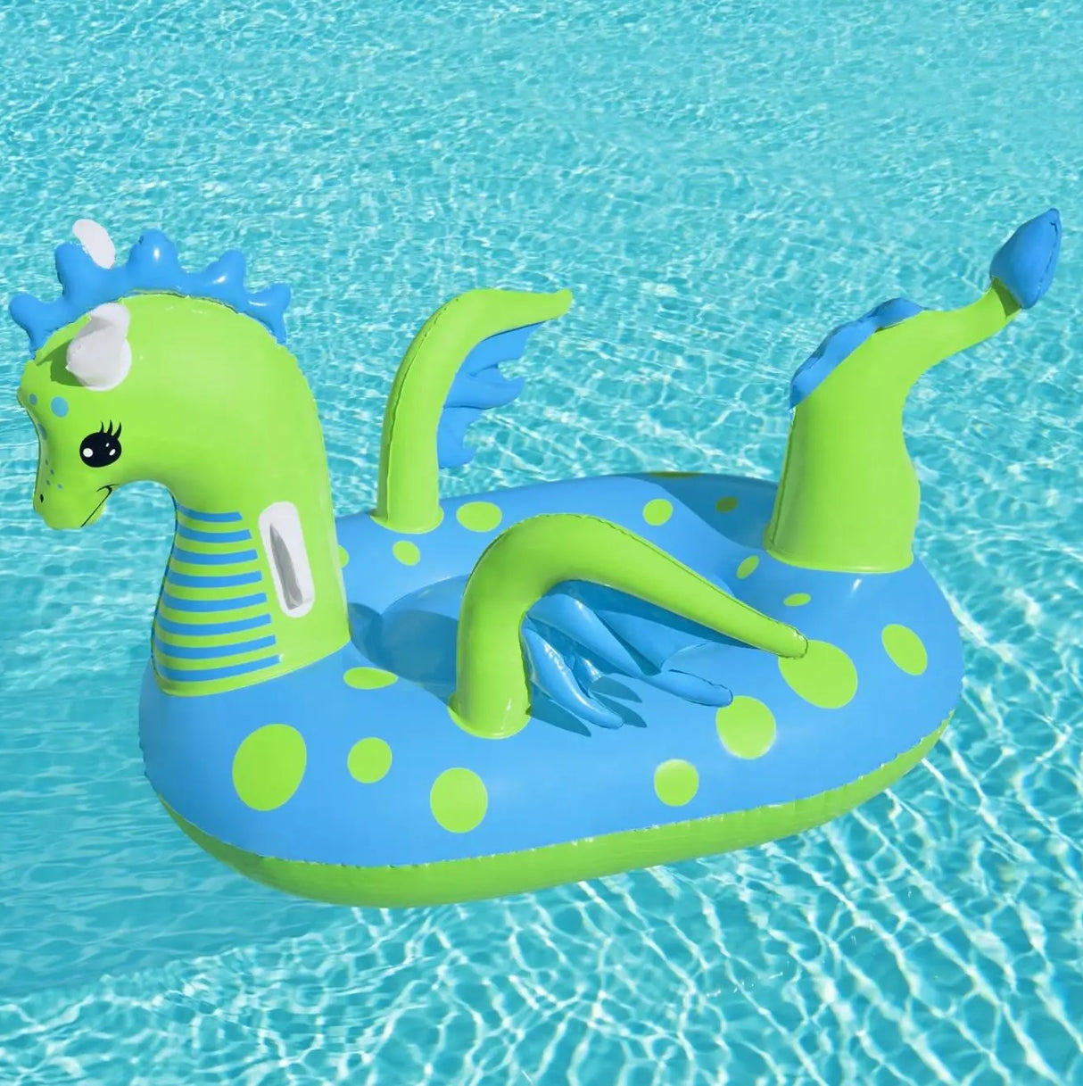 A pool float shaped like a lime green and light blue dragon.
