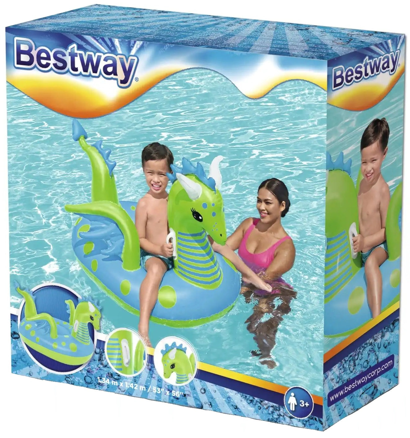 A pool float shaped like a lime green and light blue dragon.