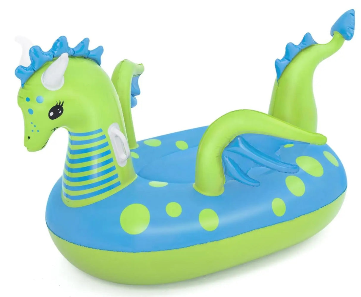 A pool float shaped like a lime green and light blue dragon.