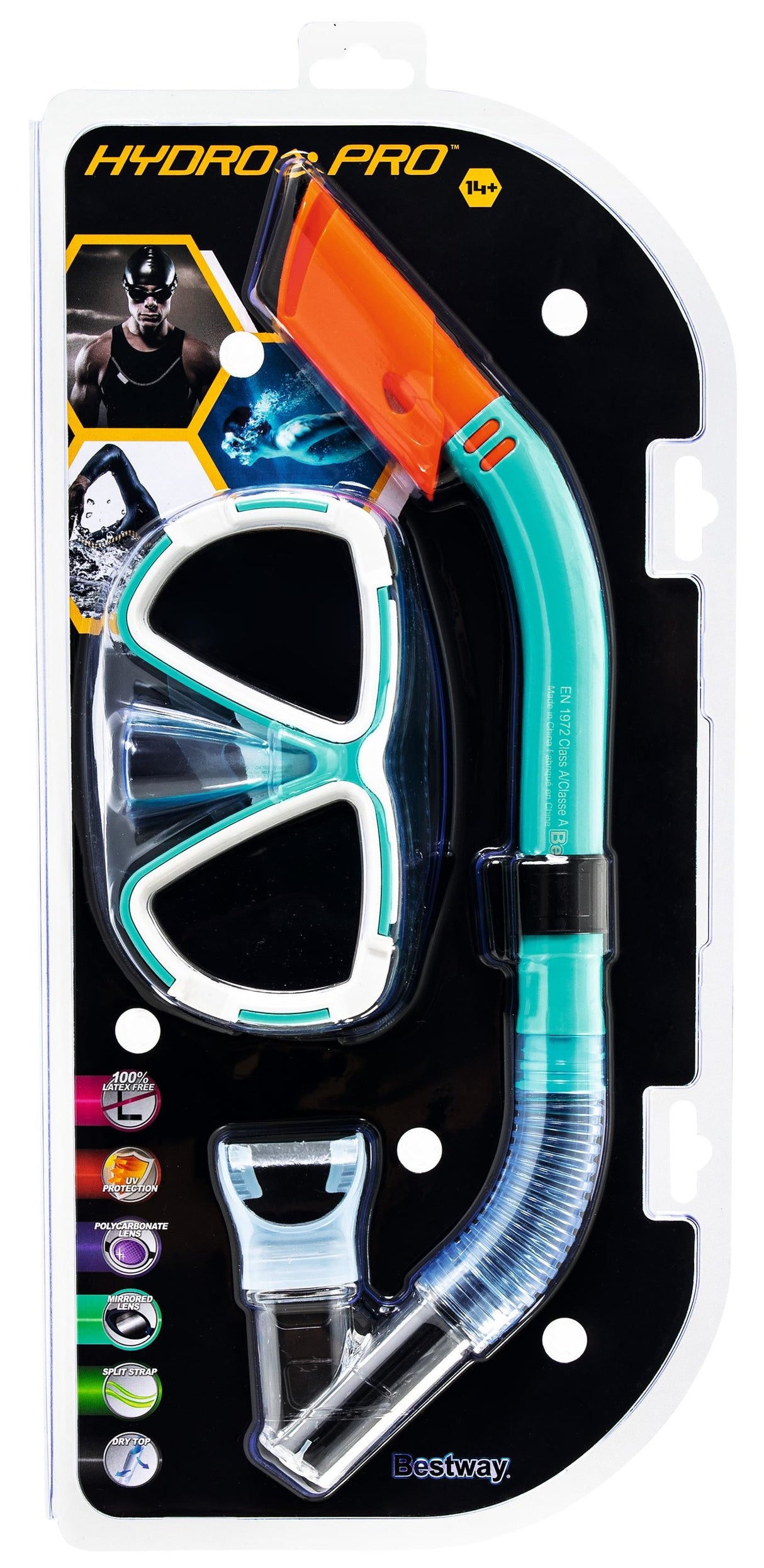 Swim mask and snorkel. There are two color options: black or teal.