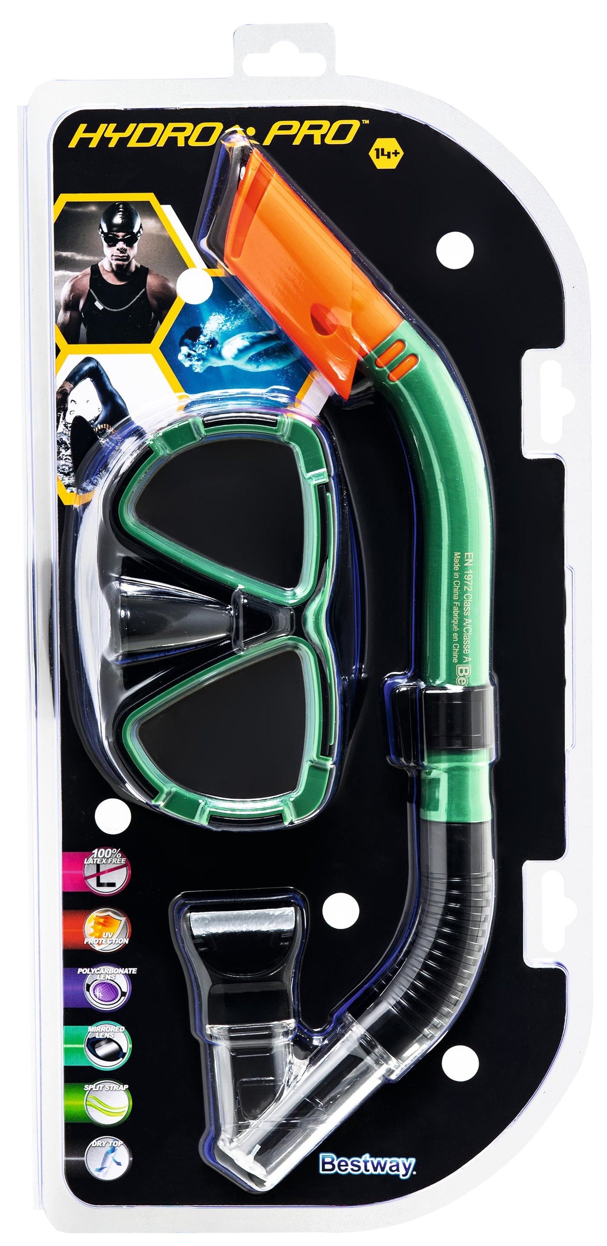 Swim mask and snorkel. There are two color options: black or teal.