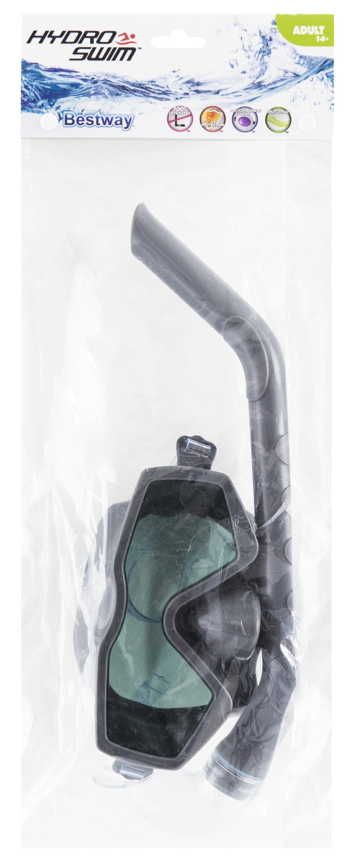 Swimming mask and snorkel set. There are two color options: one is red and one is black.