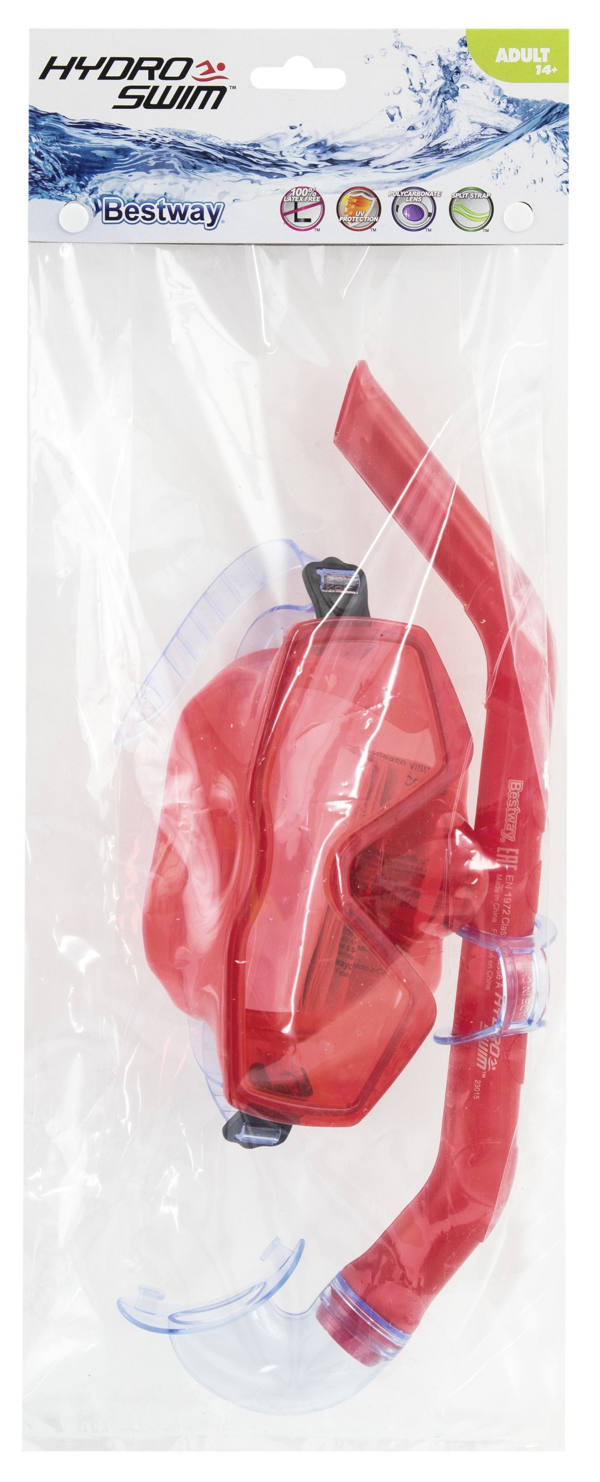 Swimming mask and snorkel set. There are two color options: one is red and one is black.