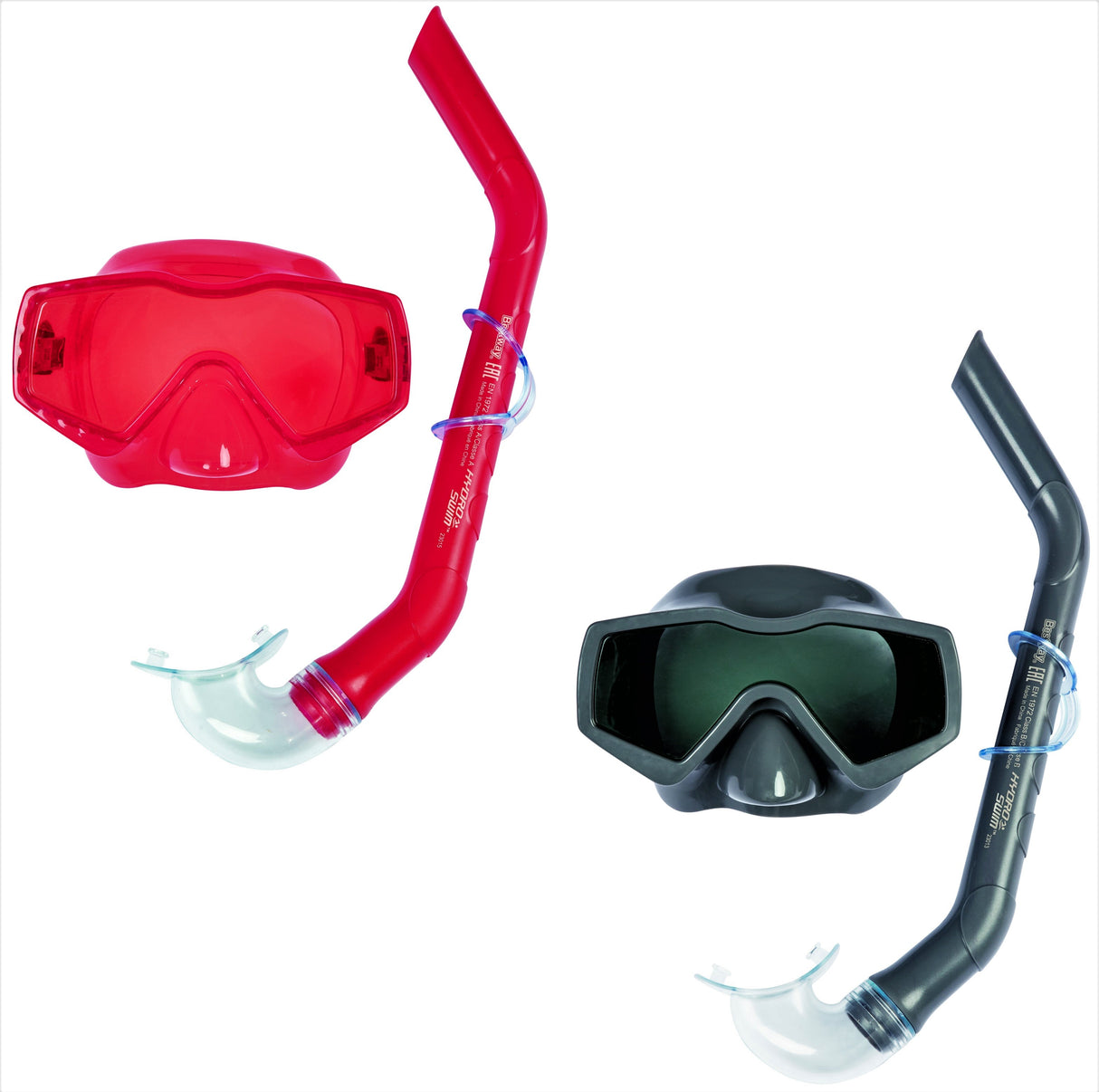 Swimming mask and snorkel set. There are two color options: one is red and one is black.