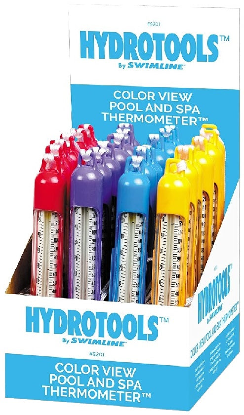 This image shows the different thermometers in a display box. It reads "HydroTools by Swimilne. Color View Pool and Spa Thermometer."