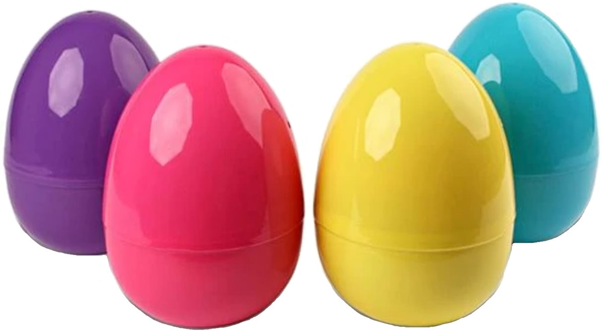 Four fillable plastic Easter egg decorations. One egg is purple. One egg is pink. One egg is yellow. One egg is blue