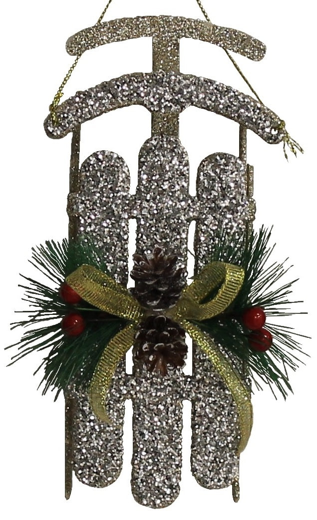 Rustic Glitter Sled Ornaments (Champagne/Gold/Silver)
