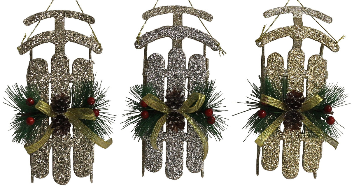 Rustic Glitter Sled Ornaments (Champagne/Gold/Silver)