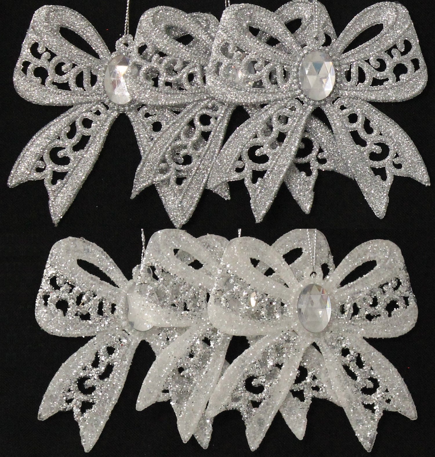 3-Pack of Silver & White Glitter Bow Ornaments
