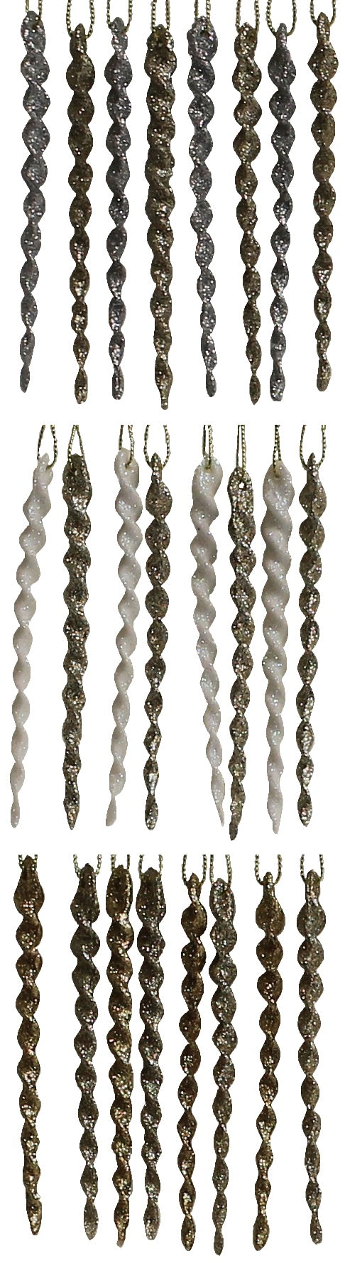 8-Pack of Glitter Icicle Ornaments (Silver/White/Gold)