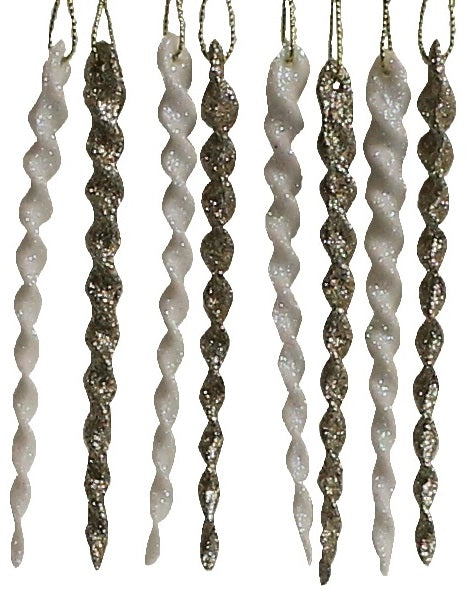 8-Pack of Glitter Icicle Ornaments (Silver/White/Gold)