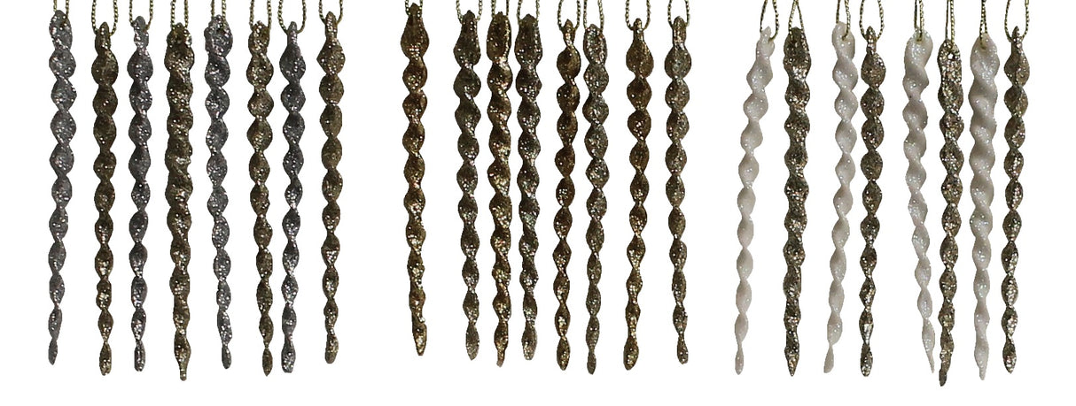 8-Pack of Glitter Icicle Ornaments (Silver/White/Gold)