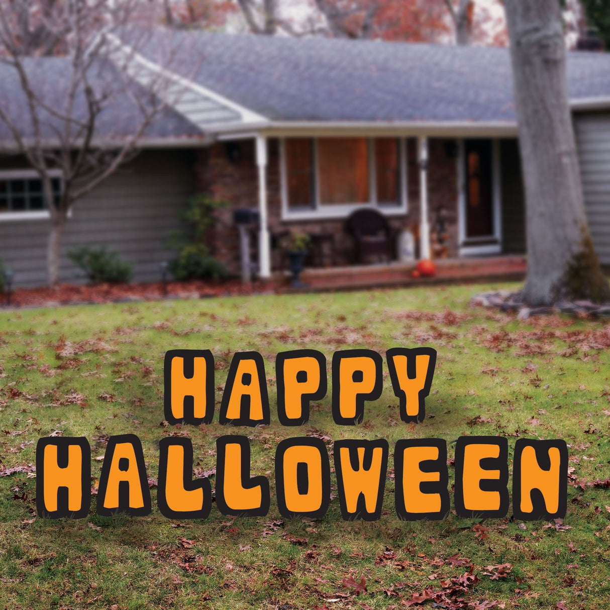 Halloween banner decoration. There are two options. One reads "Trick or Treat" in purple and green letters. The other reads "Happy Halloween" in orange letters with black borders.