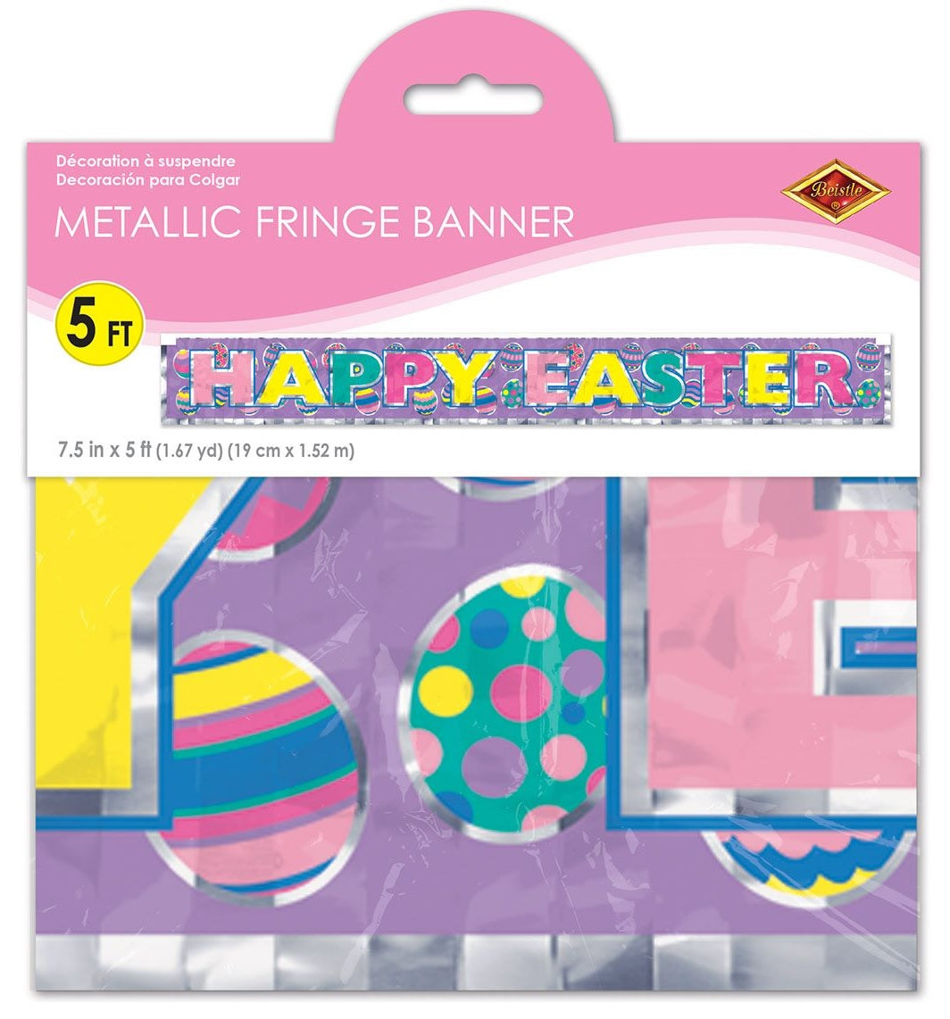 The packaging for a Metallic Fringe Banner that is 5 ft long and reads "HAPPY EASTER" and features multi-colored eggs on a purple background. The colors of the text are light pink, yellow, teal, bright pink and yellow.