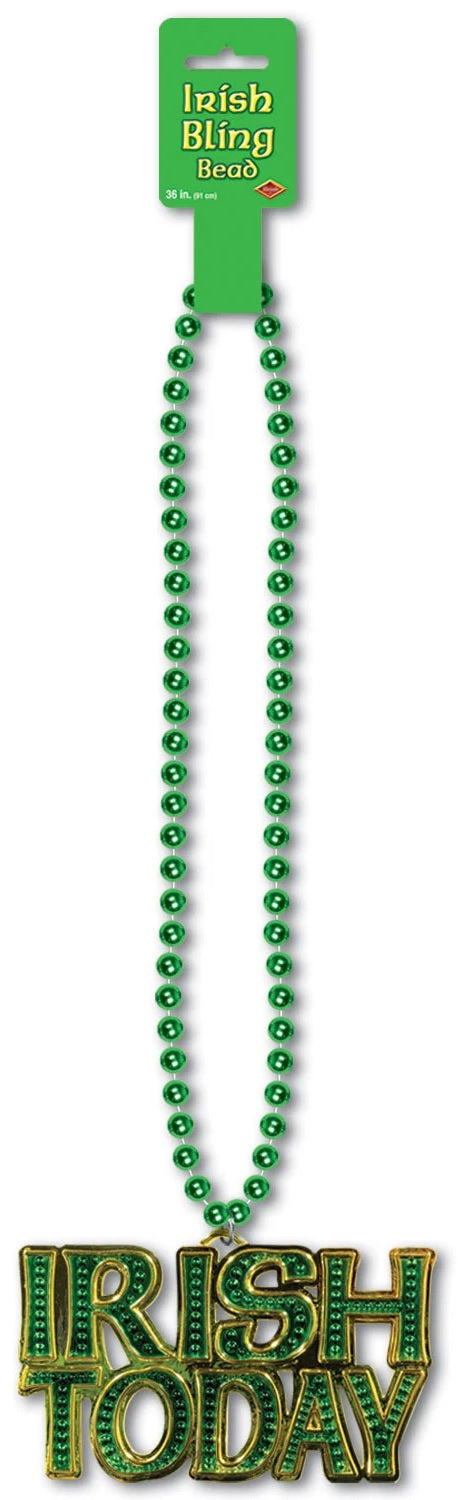 Shiny green beaded necklace with a medallion that reads "IRISH TODAY."