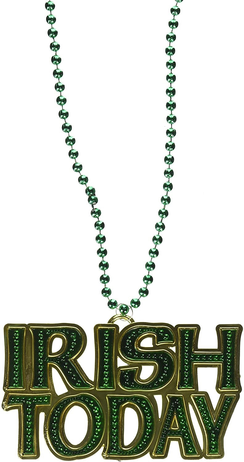 Shiny green beaded necklace with a medallion that reads "IRISH TODAY."