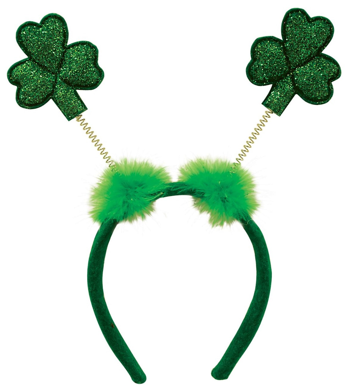 Bopper headband for St. Patrick's Day. Green headband with two green fluffy poofs. Coming out of the fluffy poofs are springs with glitter shamrocks on them.